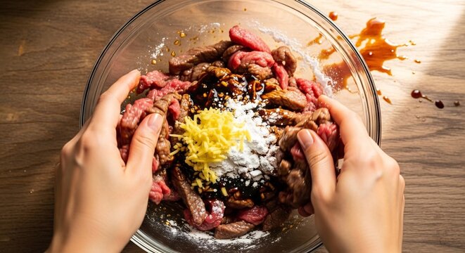 Overhead view of hands mixing marinated beef strips with spices and zest in a glass bowl.