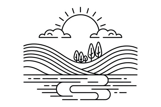 Minimalist continuous line art landscape with sun clouds rolling hills and river