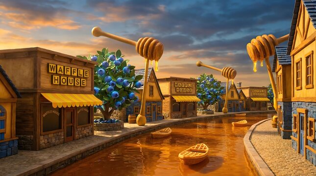 pattern recognition work sheets for kid with colorful educational activities Enchanting Waffle Village Fantasy Scene with Honey Dripping Spoons and Blueberry Trees at Sunset