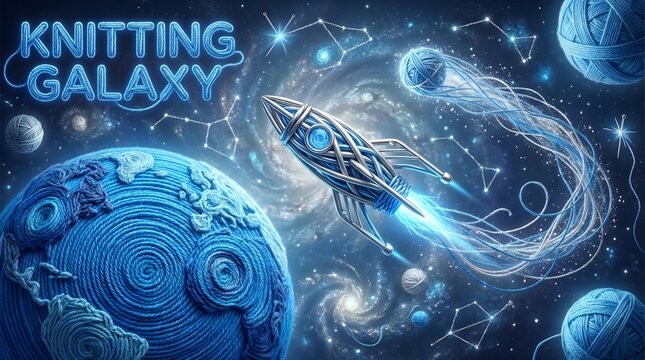pattern recognition work sheets for kid with colorful educational activities Knitting Galaxy Concept Art with Yarn Rocket and Cosmic Elements in Whimsical Blue Universe for Craft Enthusiasts