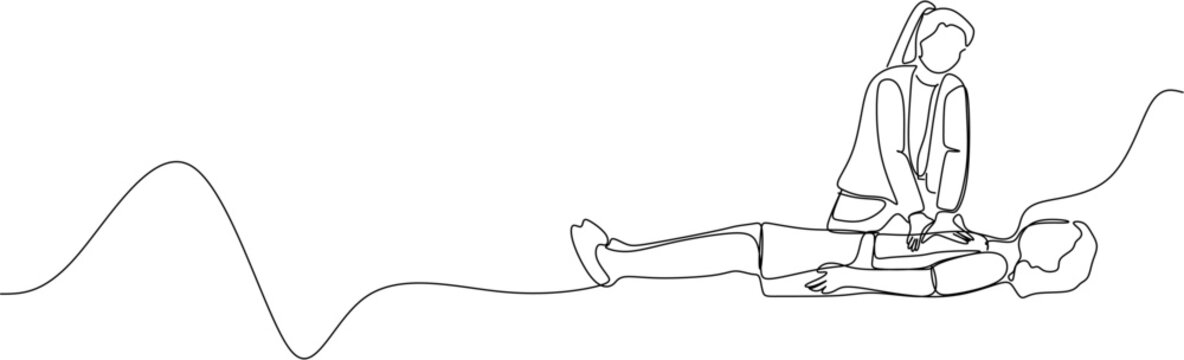 Continuous line illustration of a paramedic woman performing CPR chest compression on an unconscious patient.