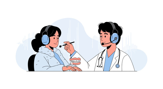 Dentist consultation with headphones, remote dental examination concept