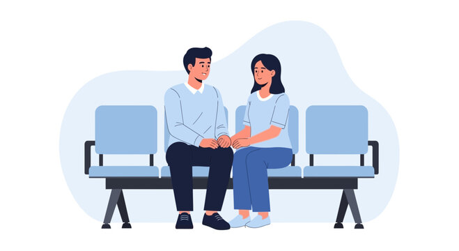 Couple Holding Hands in Waiting Room, Comfort and Support Illustration