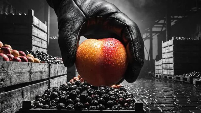 Dramatic close-up of a gloved hand holding a half red and half yellow wet apple in a mysterious warehouse