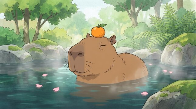 cartoon animation of capybara playing in the river