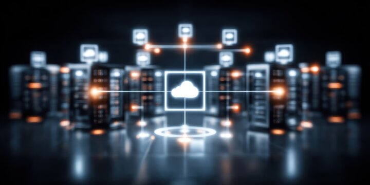 High tech infrastructure uses a private network and server array to manage access to cloud computing storage for all busy users.