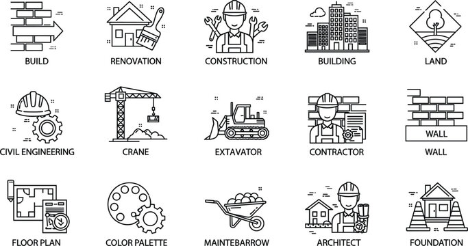 Construction and real estate development line icons set including engineering machinery contractor architect blueprint and tools