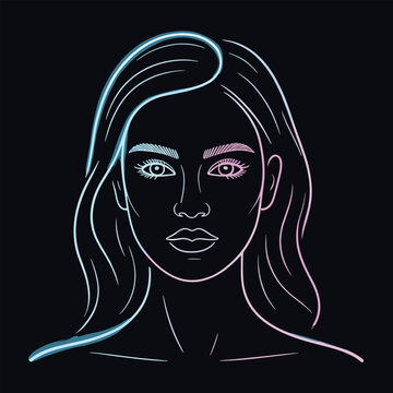 Minimalist line portrait of a woman with blue and pink gradient glow