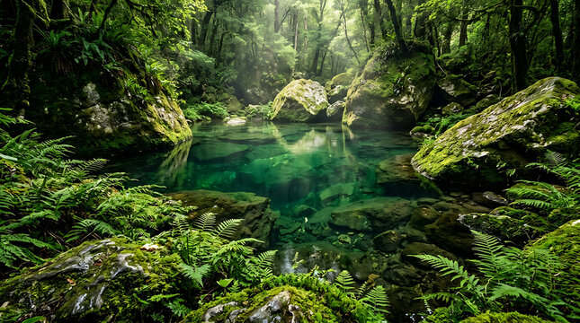 Emerald pool in lush temperate rainforest new zealand scenic landscape