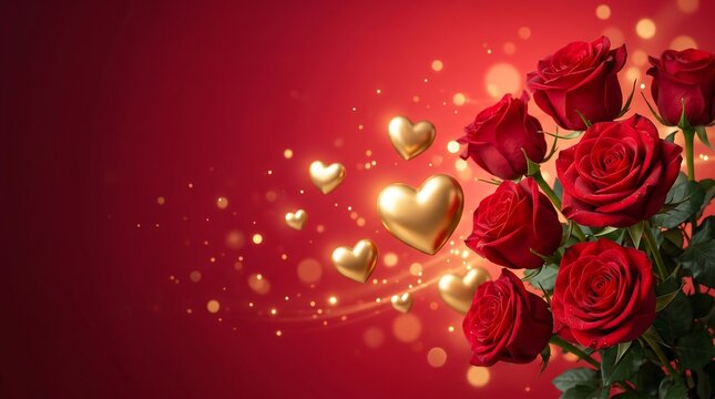 A vibrant romantic bouquet of deep red roses adorned with shimmering golden hearts and sparkling bokeh lights on a rich crimson background, symbolizing love and joyous celebration