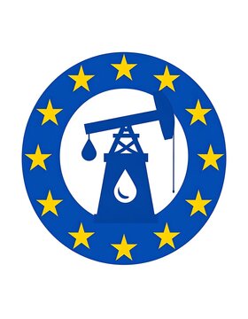 A blue circular logo with yellow stars and an oil pump icon