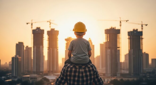 A father and son wearing a construction helmet looking at a city skyline at sunset
