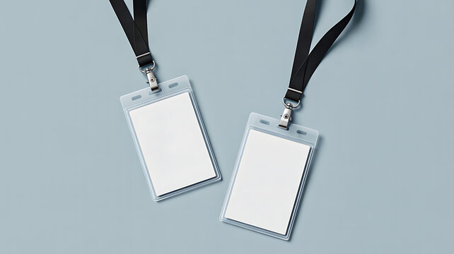 Blank identification badges with black lanyards isolated on gray background