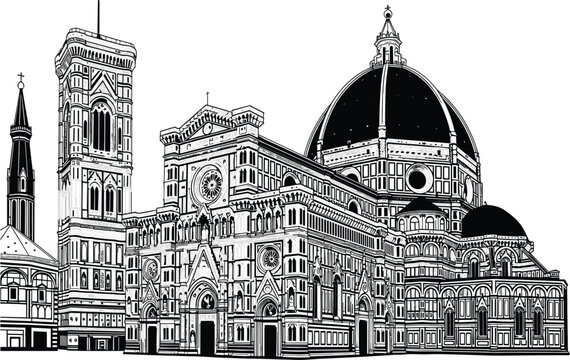 Florence Cathedral Santa Maria del Fiore line outline vector illustration with Giotto campanile bell tower dome