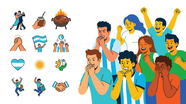 Flat vector illustration of diverse Argentinian sports fans showing nervous and celebratory emotions, featuring cultural icons like tango, mate, asado, drums, and national flags.