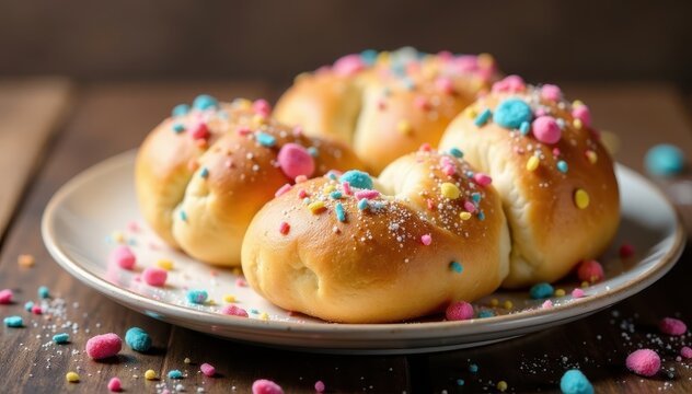 Sweet bread with colorful sugar shells on a platter, bakery, baked goods