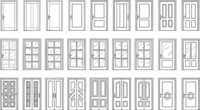 Interior and exterior house doors line icons set showing various wooden panels and glass windows