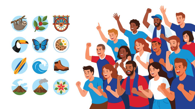 Flat vector illustration featuring a diverse group of cheering fans alongside circular icons of Costa Rican symbols including a sloth, toucan, coffee, oxcart wheel, and volcanoes.
