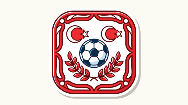 Bold flat vector sticker illustration of a soccer ball icon centered between red laurel leaves and Turkish crescent moon symbols, featuring a decorative ornate red and white frame.