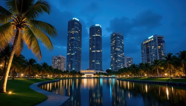 Tall skyscrapers rise above lush greenery of palm trees at nightfall in Miami Bayfront park, miami, citylights
