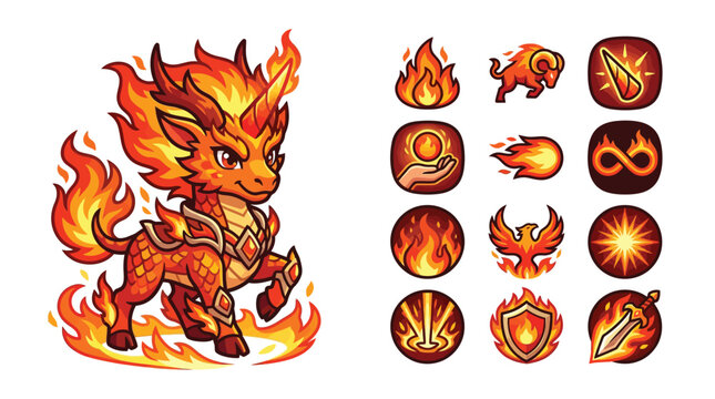 Chibi fire kirin dragon character design with a collection of matching elemental fire magic ability icons, featuring flames, phoenix, fireball, and flaming sword for game assets.