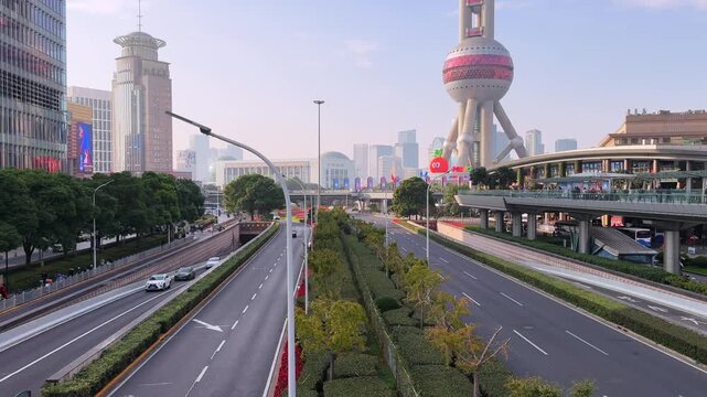 Lujiazui Street View of Oriental Pearl Tower Base and empty road