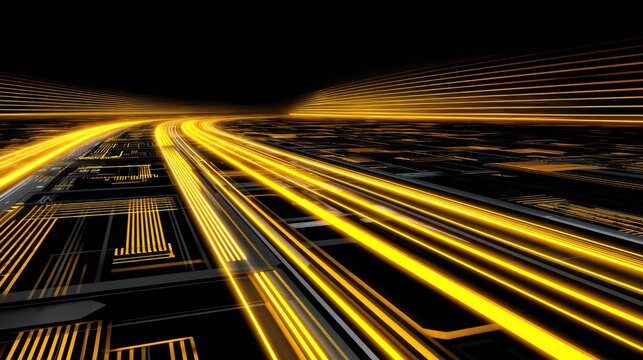 Dynamic golden light streams accelerate across a dark digital plane towards the horizon