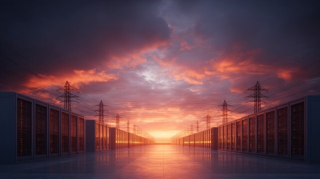 Rows of computer hardware storage units flank a pathway beneath a dramatic sunset sky illuminated by transmission towers