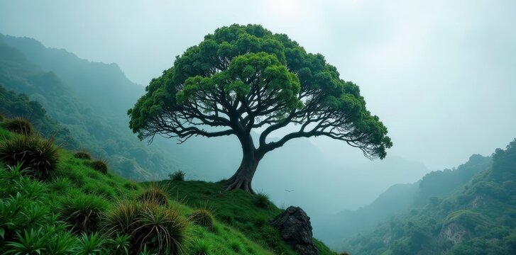 Towering Samauma tree stretches towards the sky in misty, humid atmosphere, leafy, misty