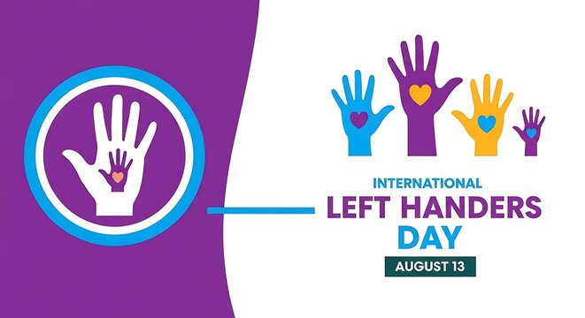 International Left Handers Day celebration poster with colorful handprints on purple gradient background