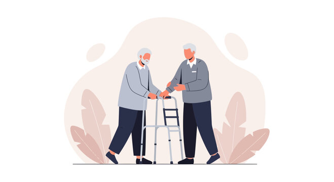 Elderly care: man helping senior with walking frame. Support, assistance.