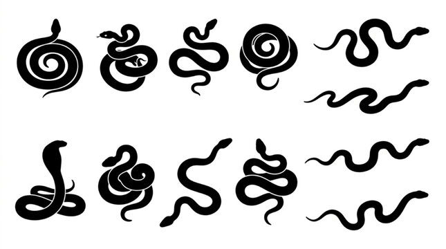 Black stylized snake and serpent vector icons in different poses isolated on white background, Vector