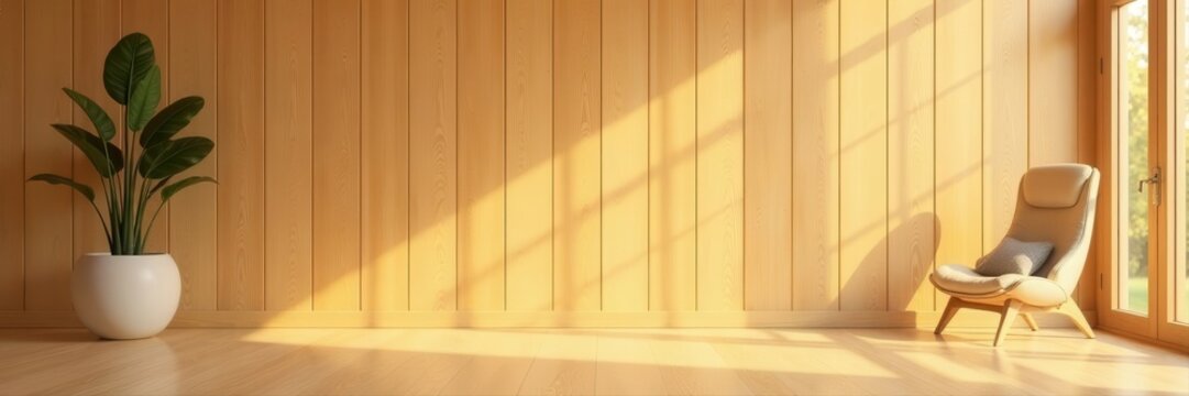 Warm toned light wood paneling, vertical grain, clean lines, interior design, clean