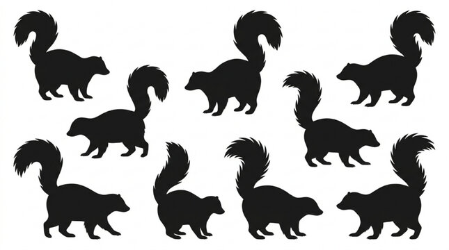 Black silhouette illustrations of cats and skunks in various poses isolated on white background, Vector