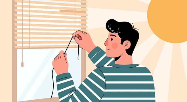 Man Adjusting Window Blinds on a Sunny Day - Warm Light Illumination
