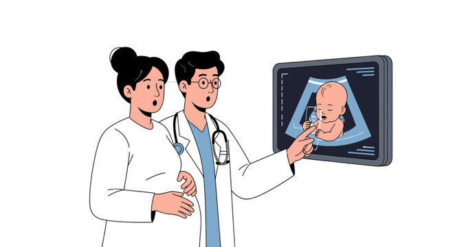Doctor shows pregnant woman ultrasound scan of baby