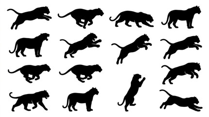 Fototapeta premium Black silhouette cats in various dynamic poses and actions isolated on white background, Vector