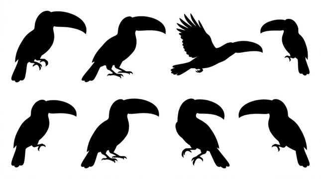 Black silhouette toucan birds in various poses isolated on white background, Vector