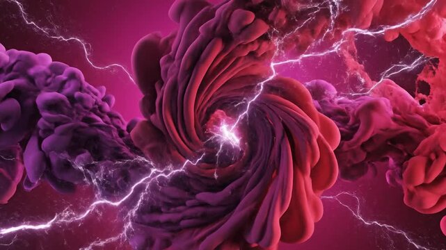 Abstract collision of swirling purple and red smoke clouds integrated with high-voltage electric lightning bolts and glowing plasma discharges on a deep pink background.