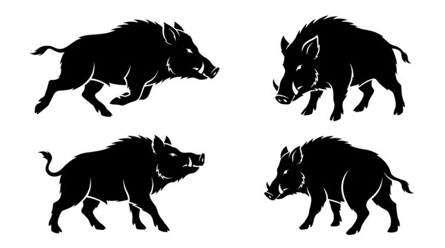 Four black wild boar animals walking and running in nature isolated on white background, Vector