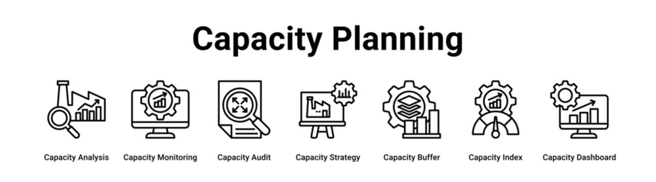 Capacity Planning web banner icon vector illustration concept for industry with icon of Capacity Analysis, Capacity Monitoring, Capacity Audit, Capacity Strategy, Capacity Buffer, Capacity Index,.