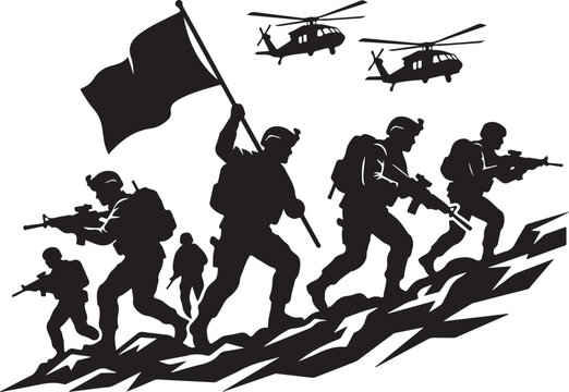 Military soldiers, army combat, black silhouette, warfare icons, vector graphics