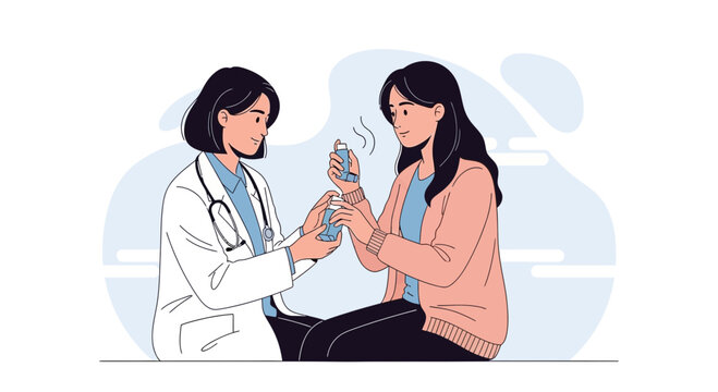 Doctor demonstrates inhaler to patient with respiratory issue, healthcare concept