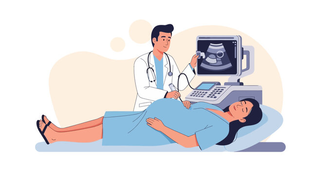 Doctor performing ultrasound on pregnant woman, fetus on screen