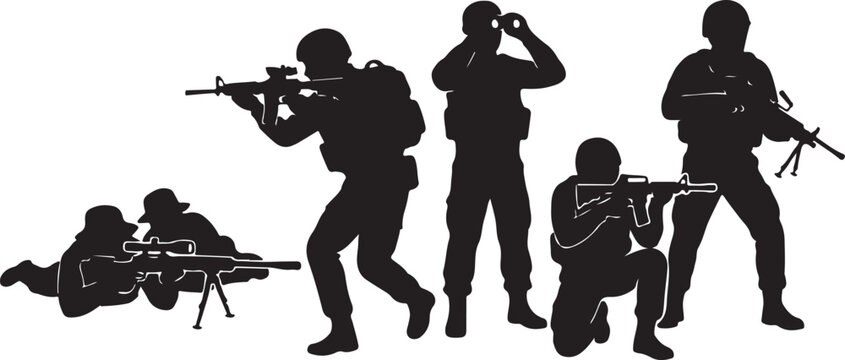 Military soldiers, army combat, tactical team, silhouette icons, black vector graphics