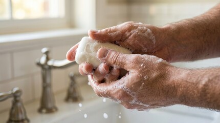 Fototapeta premium woman washing hands in bathroom with soap