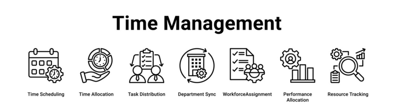 Time Management web banner icon vector illustration concept for industry with icon of Time Scheduling, Time Allocation, Task Distribution, Department Sync, Workforce Assignment, Performance.