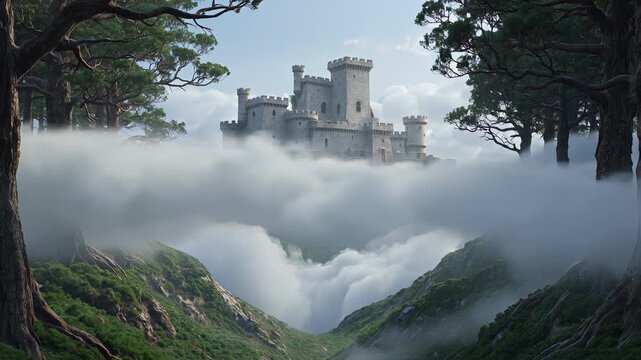Fantasy medieval castle floating above clouds in a misty forest landscape. Seamless looping 4k video background
