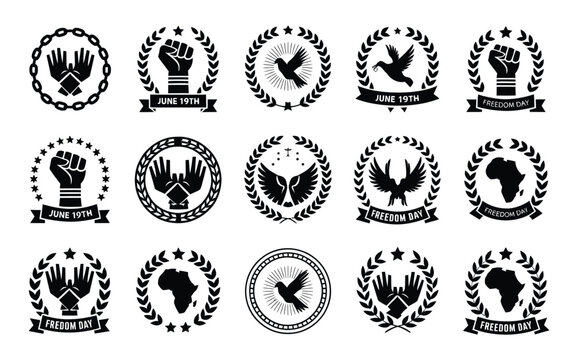 Juneteenth emblems and logos celebrating freedom day with fists birds and african silhouettes in black on white background