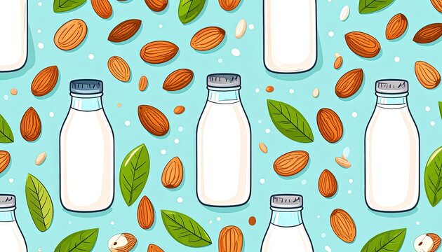 Almond milk bottles and nuts pattern.